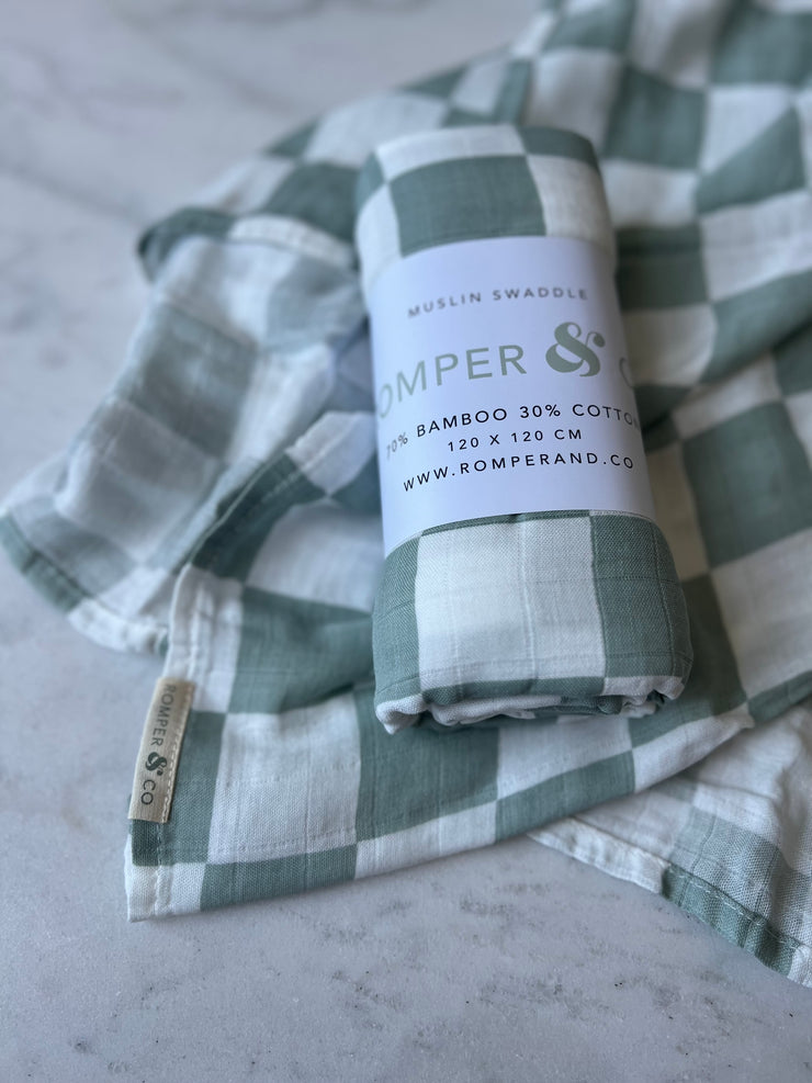 Sage Checkered Bamboo Cotton Swaddle